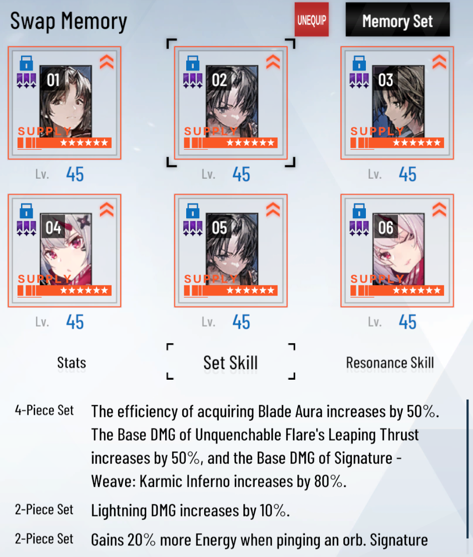 six icons in a grid of two rows each, with a list of set bonuses below them six icons in a grid of two rows each, with a list of set bonuses below them